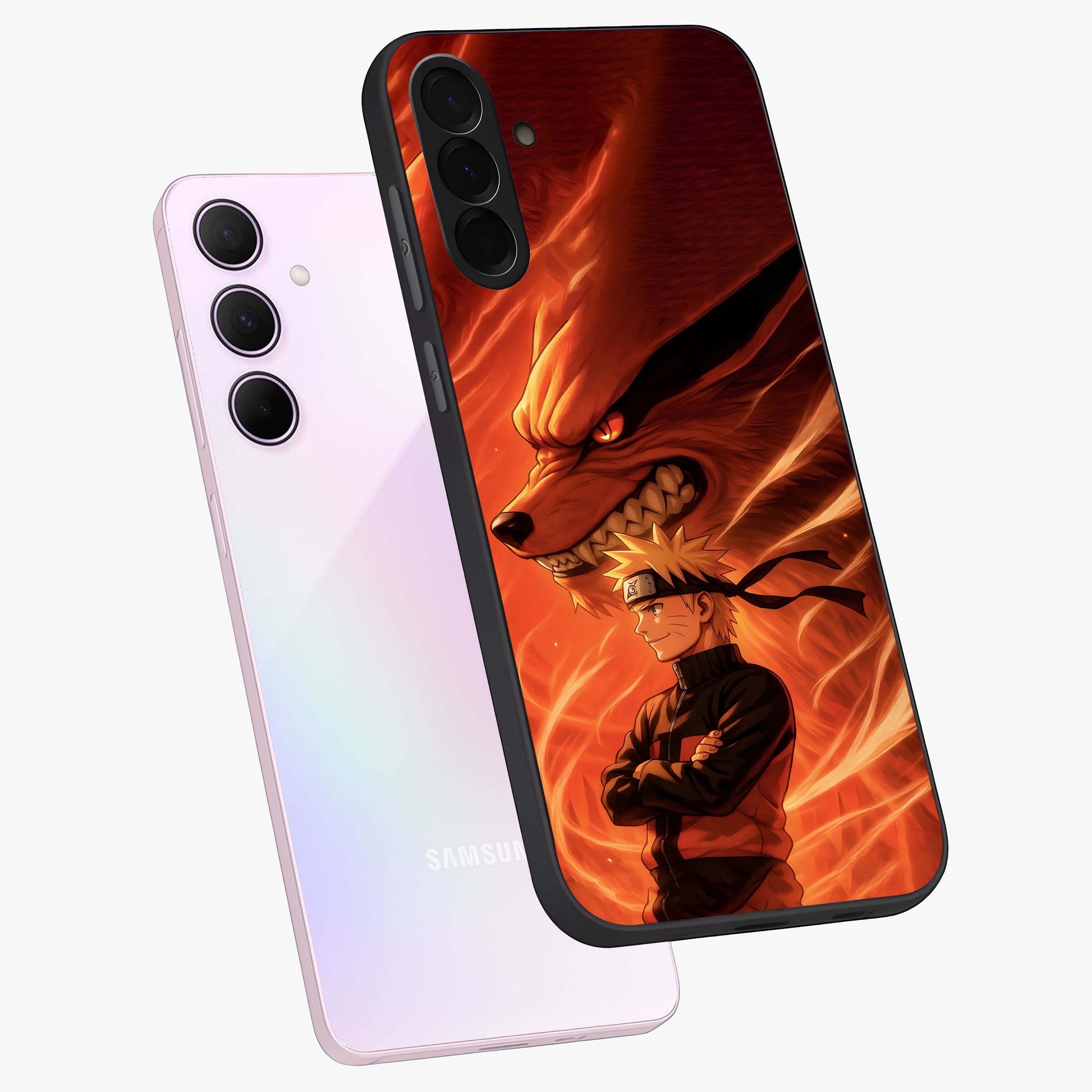 Nine Tails Legacy Glass Case displayed in angled mockup highlighting dynamic anime beast illustration with bold mystical aesthetic.