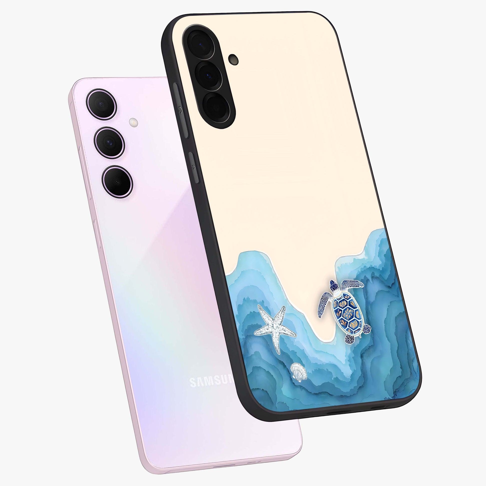 Ocean Drift Turtle Glass Case displayed in angled mockup highlighting peaceful ocean turtle illustration with marine aesthetic.