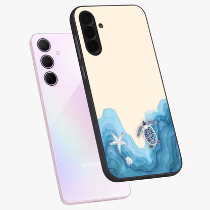 Ocean Drift Turtle Glass Case displayed in angled mockup highlighting peaceful ocean turtle illustration with marine aesthetic.