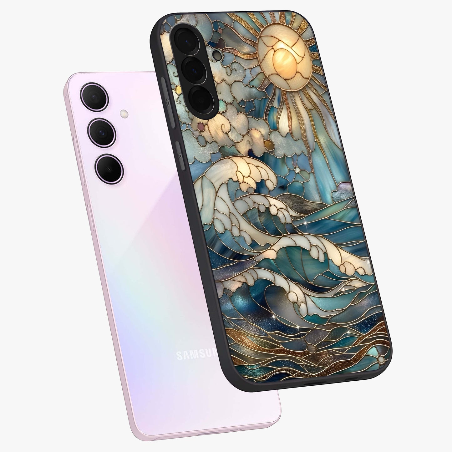Oceanic Stained Printed Glass Case displayed in angled mockup highlighting colorful aquatic design with artistic aesthetic style.