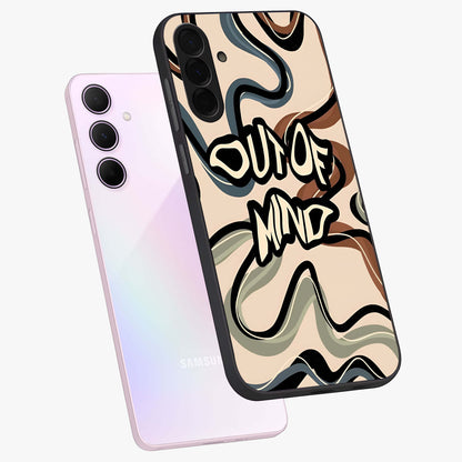 Out Of Mind Glass Case displayed in angled mockup highlighting bold statement design with modern artistic aesthetic.