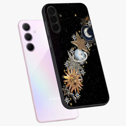 Pearls Universe Object Glass Case displayed in angled mockup highlighting celestial pearl design with dreamy aesthetic.