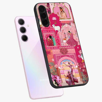 Pink Palace Muse Glass Case displayed in angled mockup highlighting dreamy palace illustration with soft pink aesthetic.