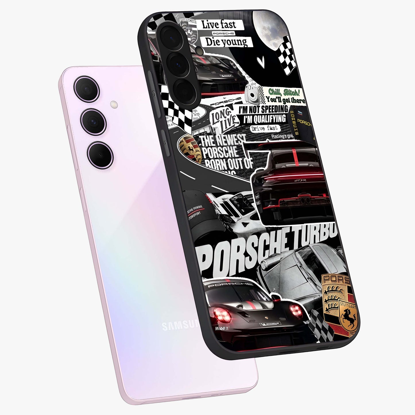 Porsche Racing Collage Glass Case displayed in angled mockup highlighting dynamic automotive design with bold racing aesthetic.