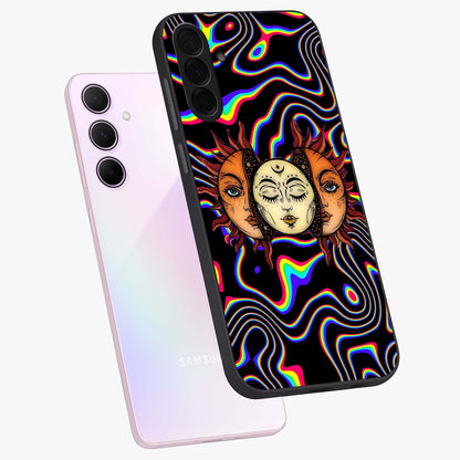 Psychedelic Sun Glass Case displayed in angled mockup highlighting vibrant abstract sun design with artistic aesthetic style.