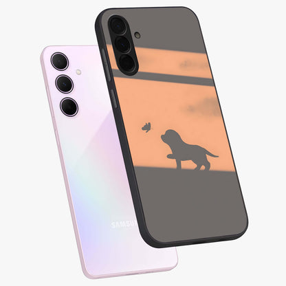 Puppy Shadow Art Glass Case displayed in angled mockup highlighting playful dog illustration with artistic shadow aesthetic.