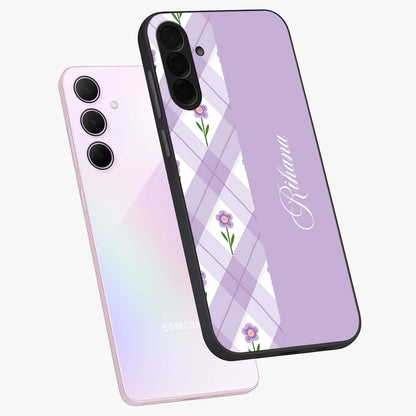 Purple Diamond Floral Glass Case displayed in angled mockup highlighting elegant purple flower design with decorative pattern.