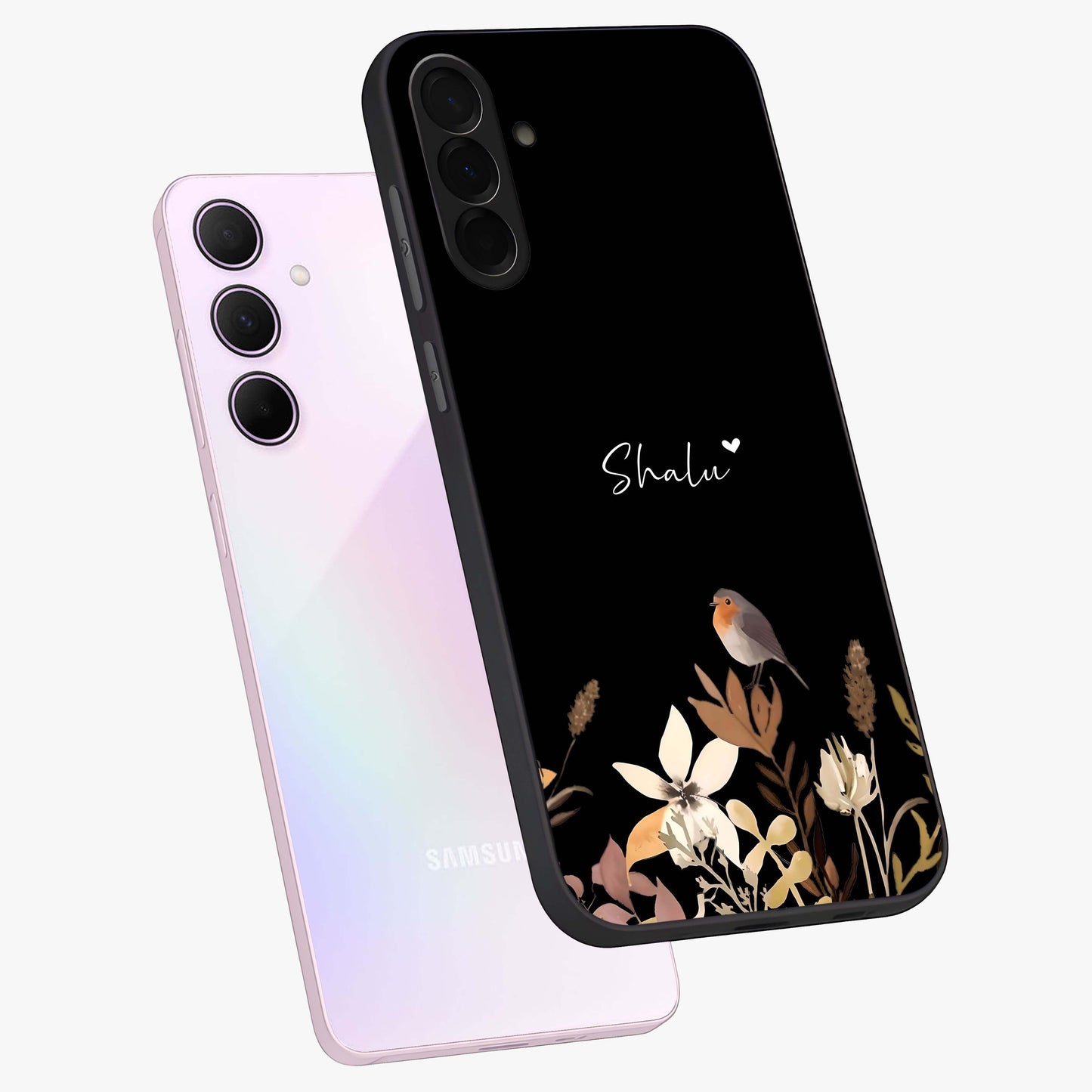 Quiet Garden Tune Custom Name Glass Case displayed in angled mockup highlighting delicate floral garden design with custom name feature.