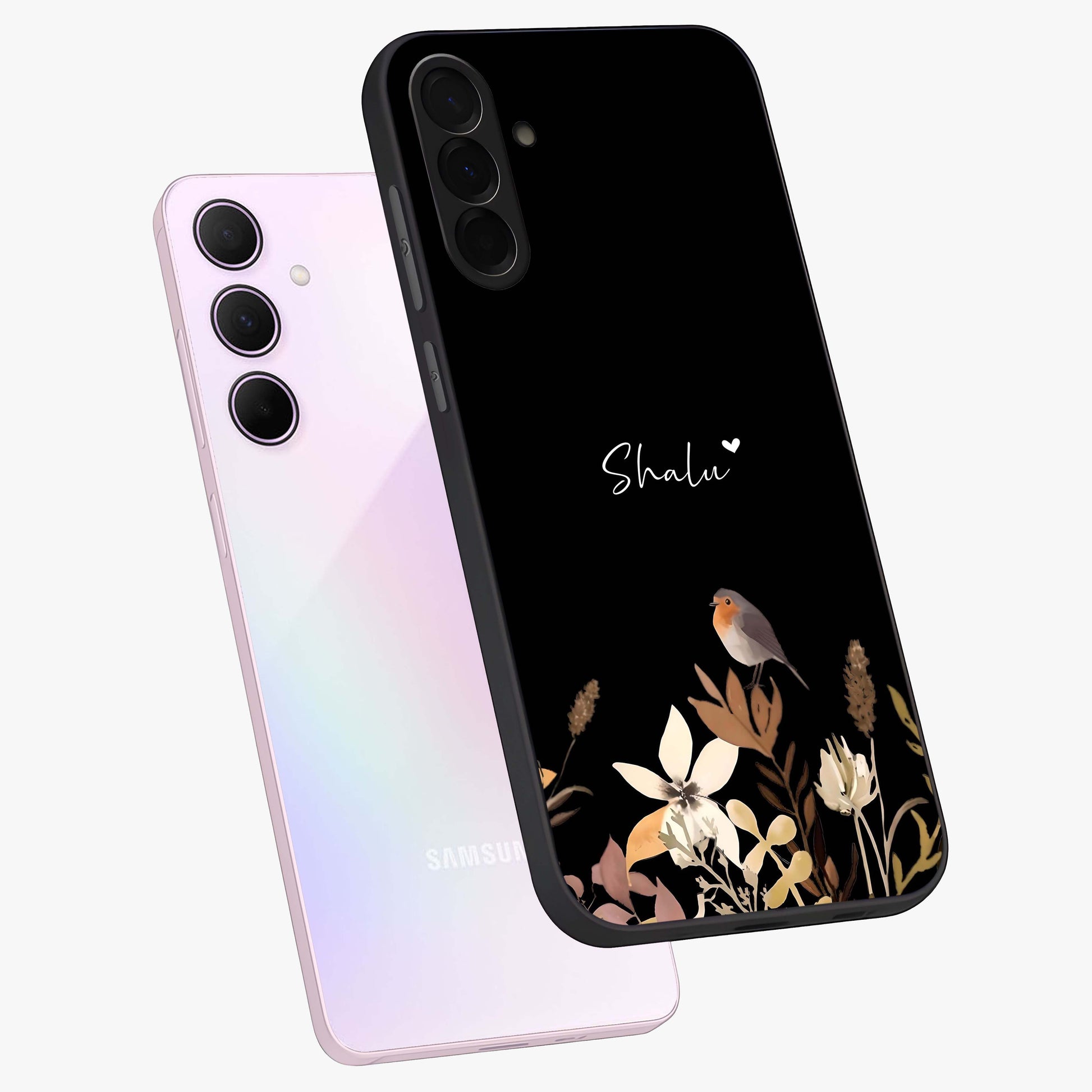 Quiet Garden Tune Custom Name Glass Case displayed in angled mockup highlighting delicate floral garden design with custom name feature.
