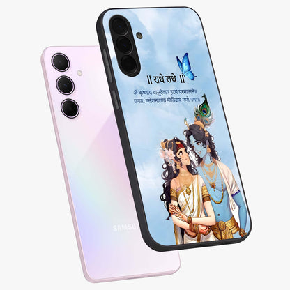 Radha Krishna Eternal Glass Case displayed in angled mockup highlighting divine Radha Krishna illustration with spiritual aesthetic.