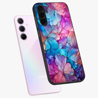 Radiant Floral Whirl Glass Case displayed in angled mockup highlighting vibrant flower pattern with dynamic artistic aesthetic.