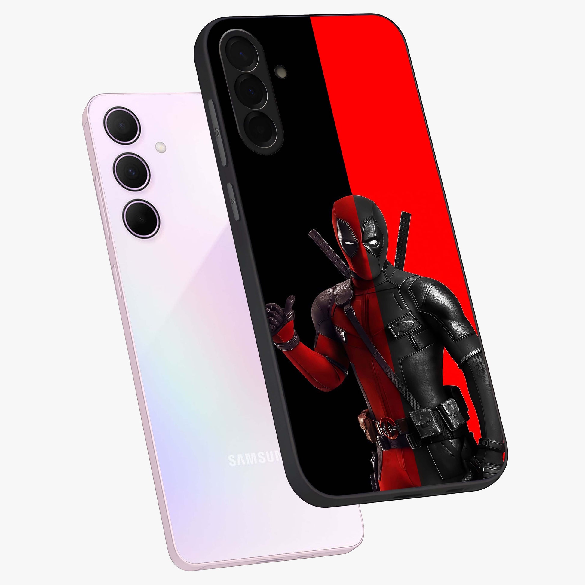 Red & Black Deadpool Theme Glass Case displayed in angled mockup highlighting vibrant superhero style illustration with action aesthetic.