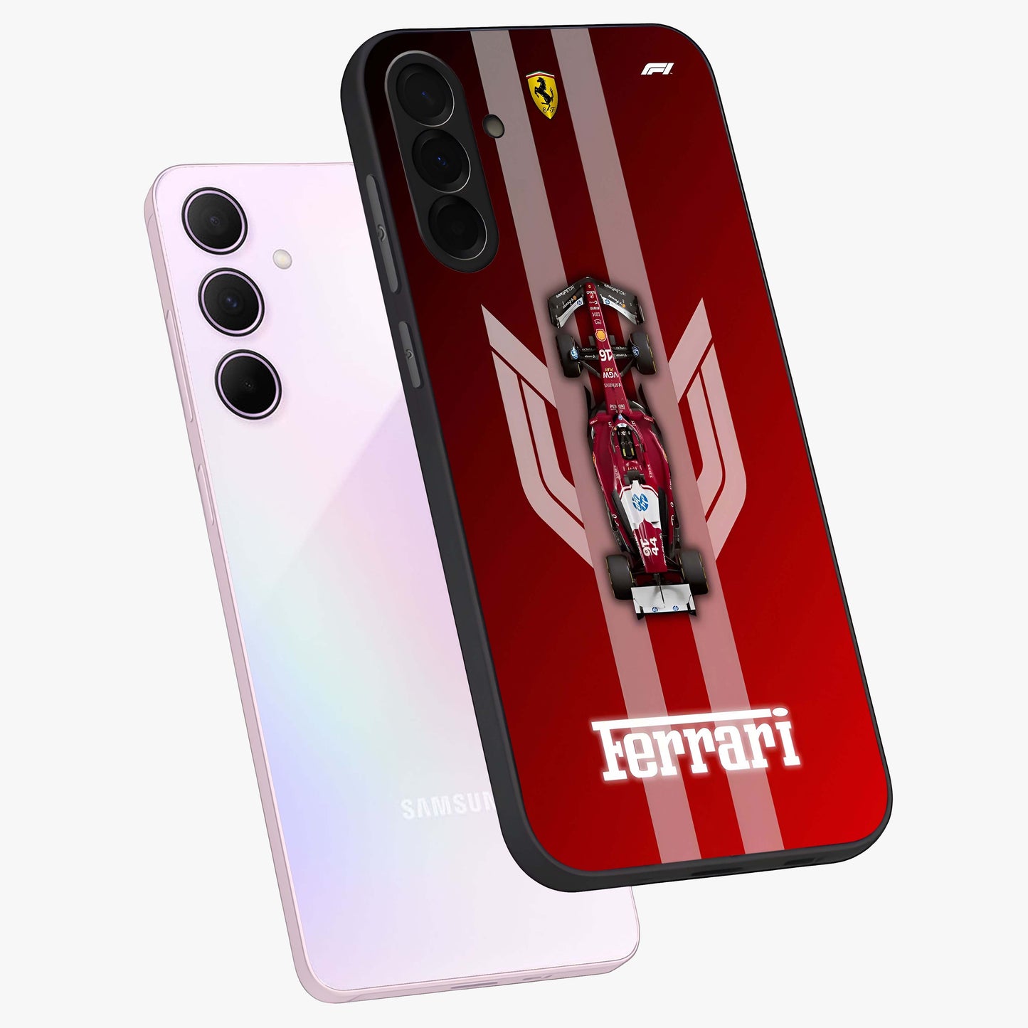 Red Ferrari F1 Vertical Glass Case displayed in angled mockup highlighting high speed racing design with bold automotive aesthetic.