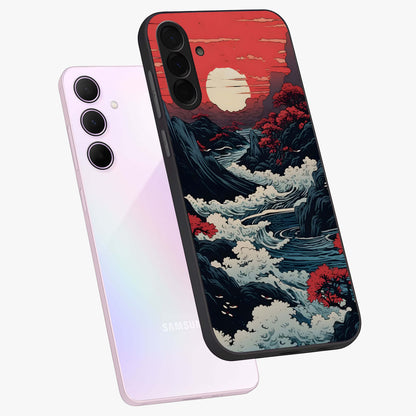 Red Sunset Scenery Glass Case displayed in angled mockup highlighting glowing sunset sky design with scenic aesthetic.
