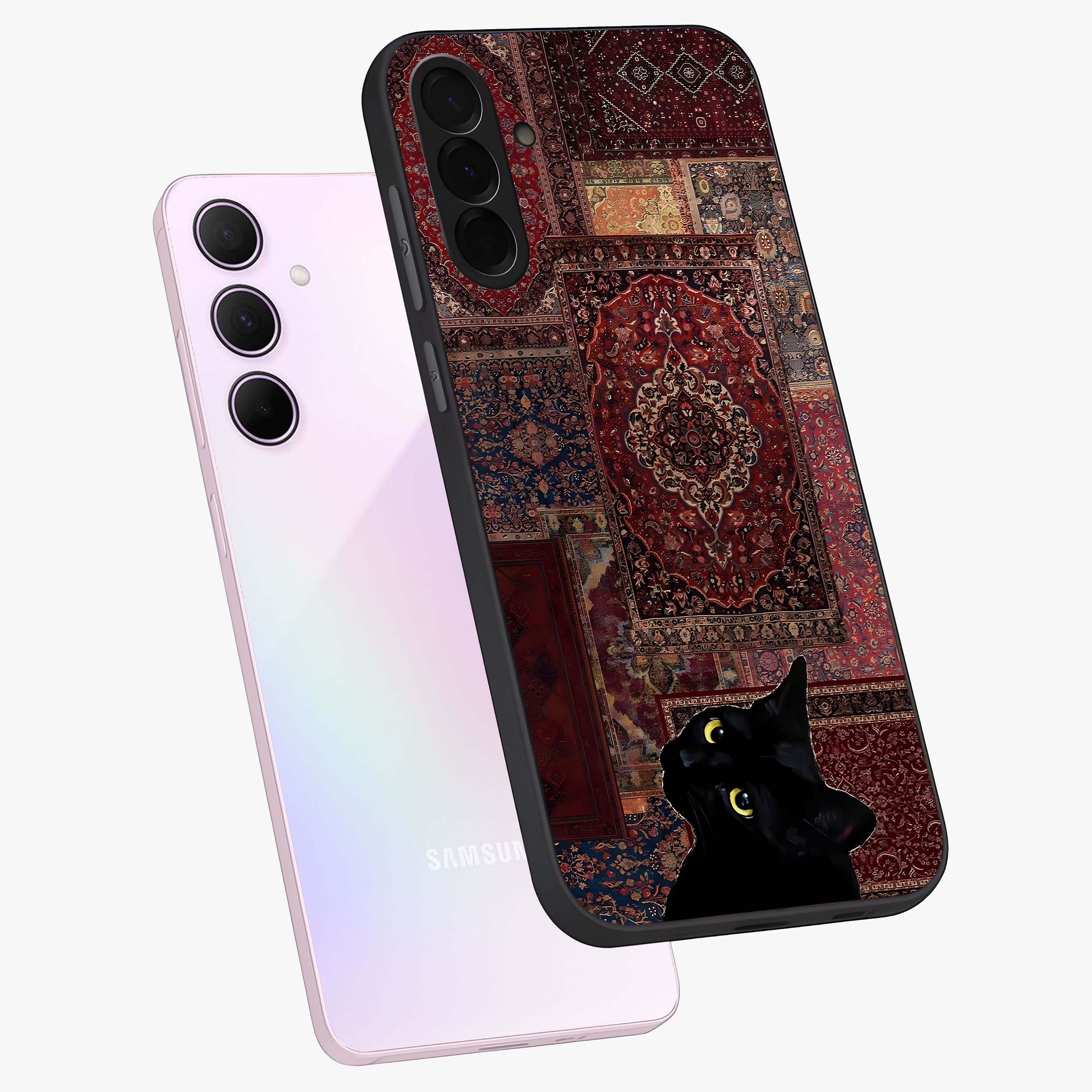 Regal Magic Cat Apple Glass Case displayed in angled mockup highlighting whimsical feline design with fantasy aesthetic.