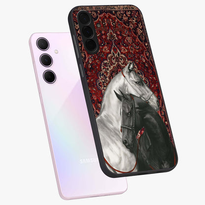 Regal Stallion Tapestry Glass Case displayed in angled mockup highlighting royal stallion design with decorative heritage aesthetic.