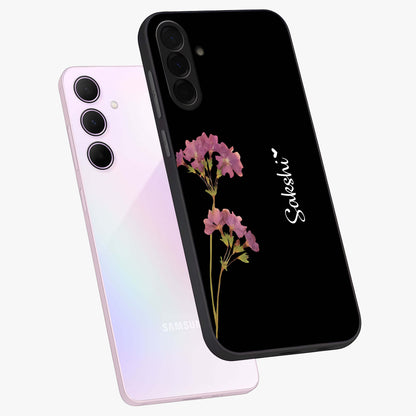 Riching Lavender Flower Custom Name Glass Case displayed in angled mockup highlighting delicate lavender flower design with custom name feature.