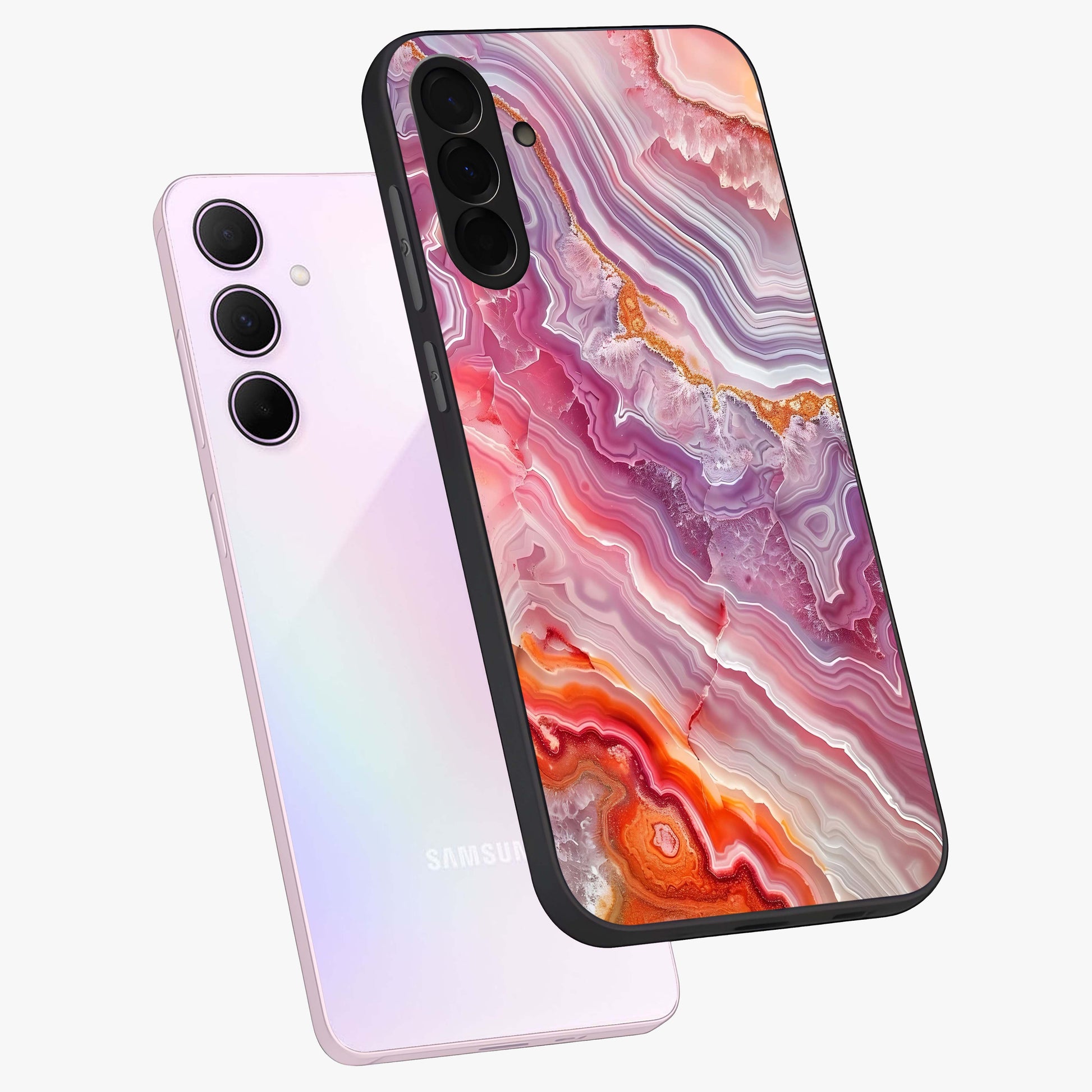 Rose Quartz Marble Glass Case displayed in angled mockup highlighting elegant marble pattern with soft aesthetic style.