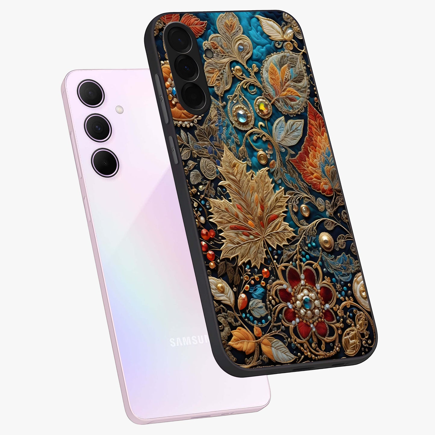 Royal Jewel Garden Glass Case displayed in angled mockup highlighting vibrant jewel inspired floral design with elegant aesthetic.