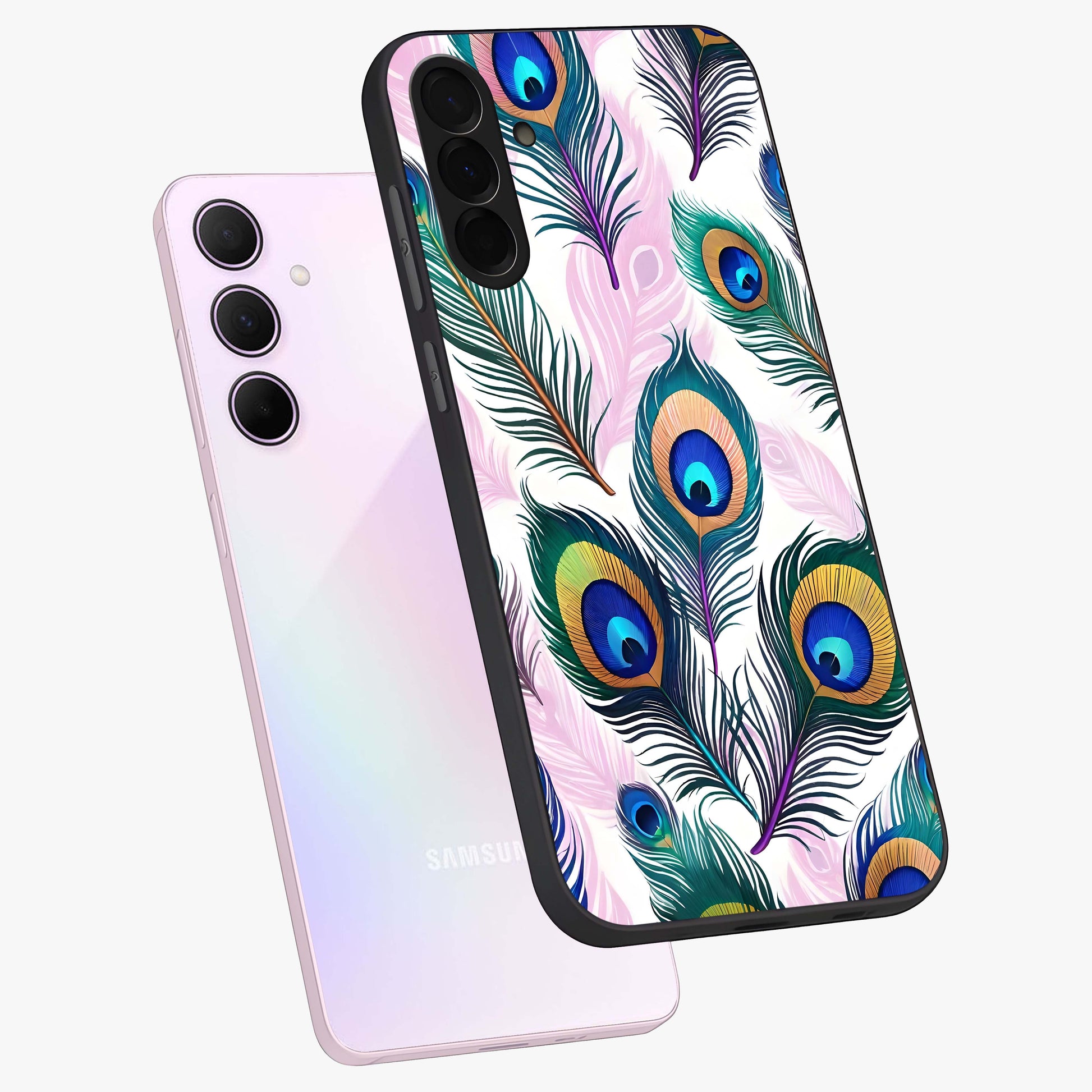 Royal Peacock Feathers Glass Case displayed in angled mockup highlighting vibrant feather pattern with regal aesthetic style.