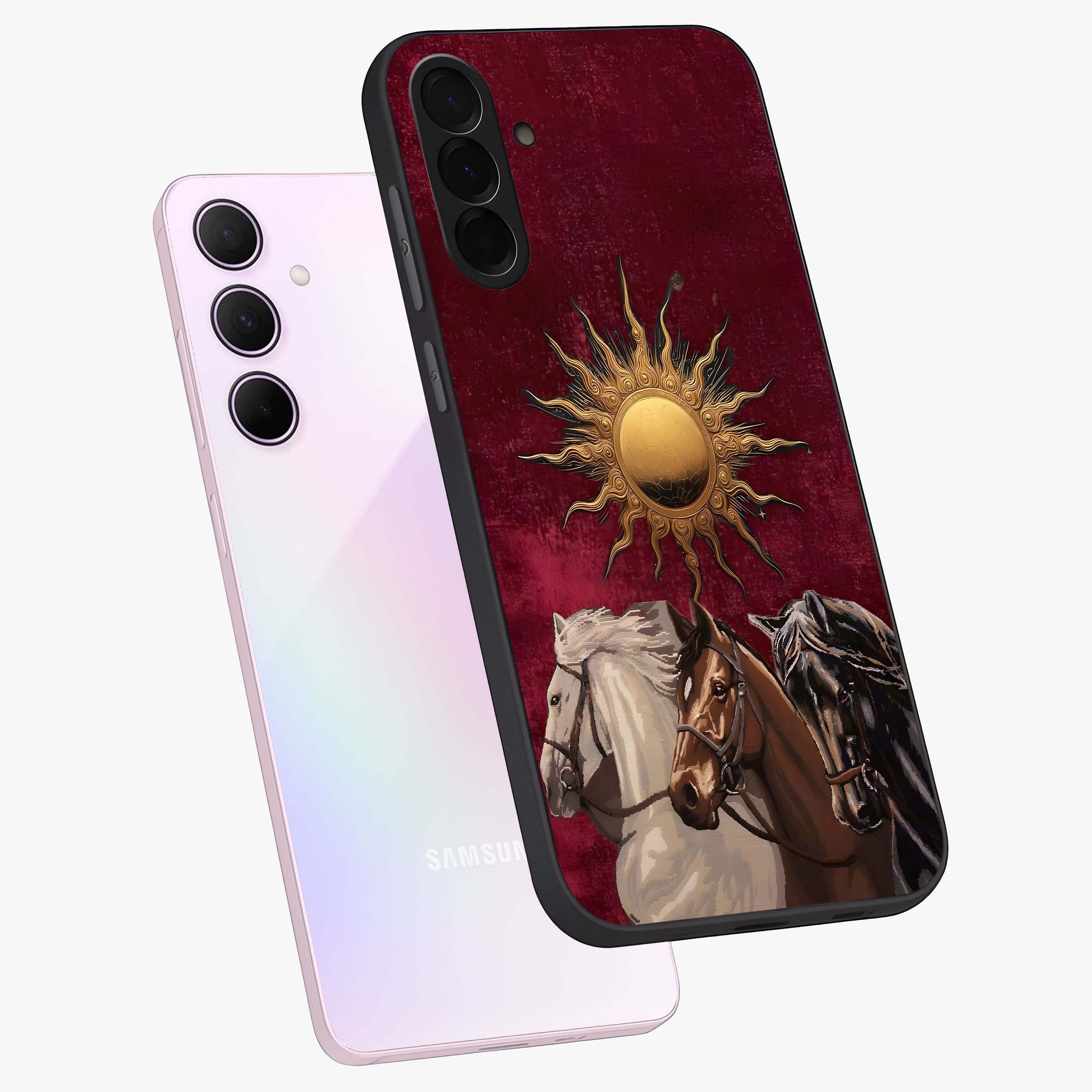 Solar Riders Glass Case displayed in angled mockup highlighting powerful rider illustration with radiant solar aesthetic.