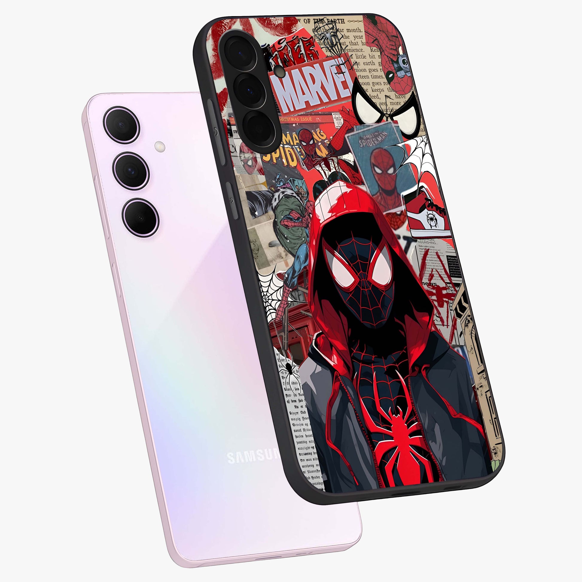 Spider Collage Street Glass Case displayed in angled mockup highlighting dynamic street style collage design with comic aesthetic.