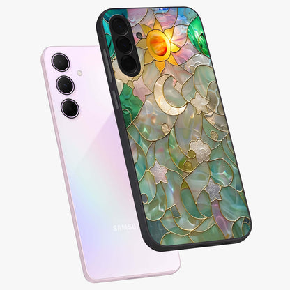 Stained Sunrise Glow Glass Case displayed in angled mockup highlighting radiant sunrise design with artistic aesthetic style.