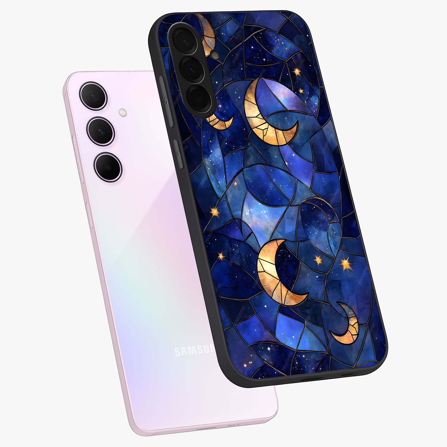 Starlit Sky Tapestry Glass Case displayed in angled mockup highlighting celestial night pattern with artistic aesthetic style.