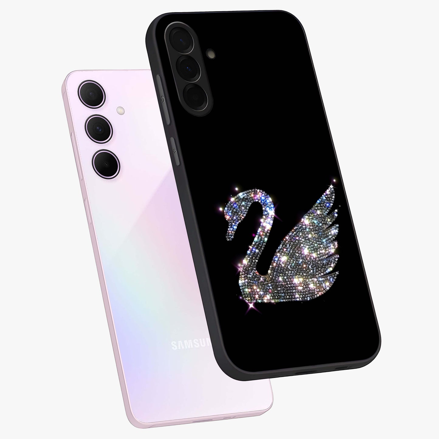 Starlit Swan Grace Glass Case displayed in angled mockup highlighting elegant swan illustration with dreamy celestial aesthetic.