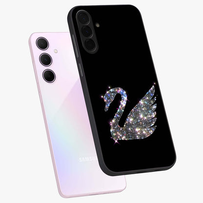 Starlit Swan Grace Glass Case displayed in angled mockup highlighting elegant swan illustration with dreamy celestial aesthetic.