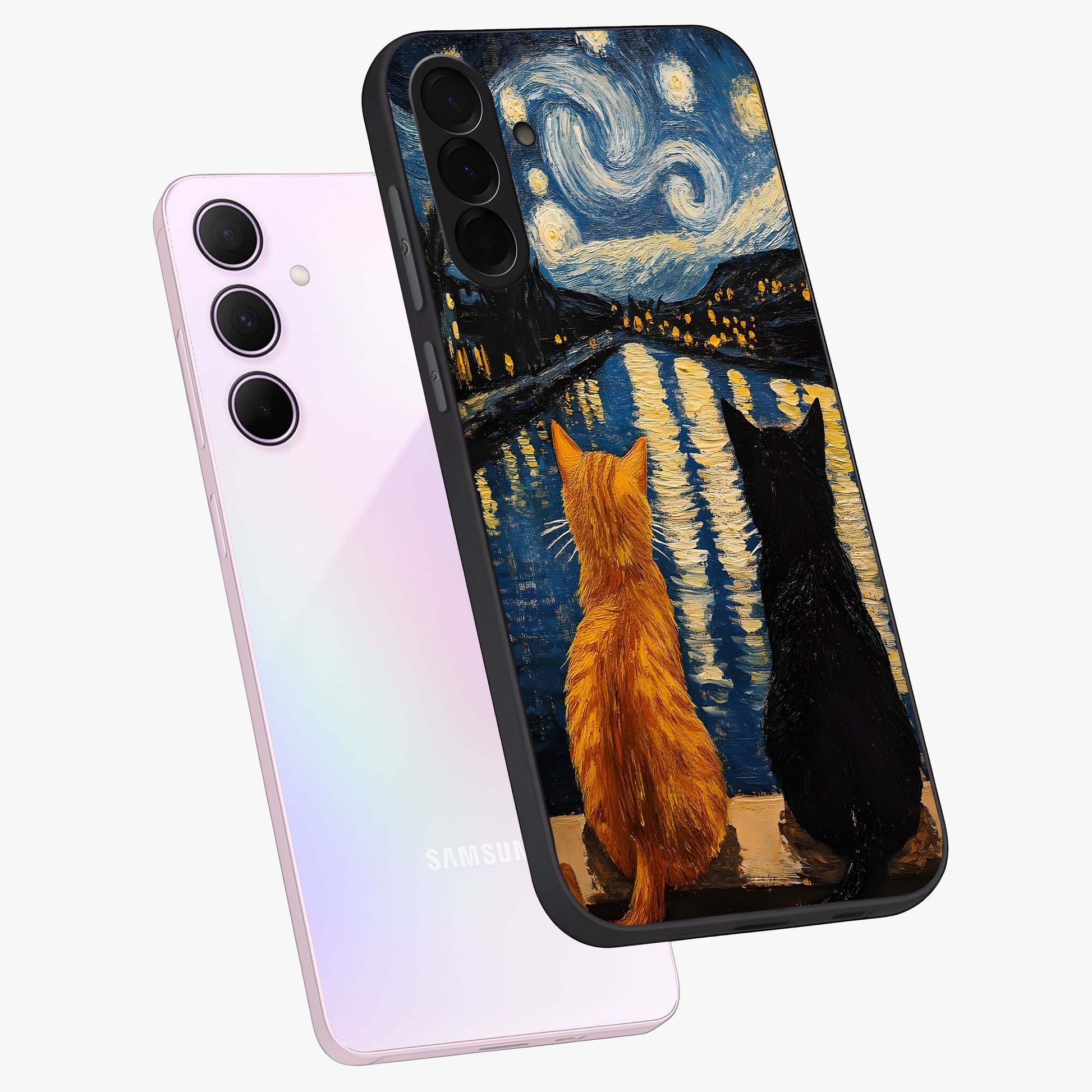 Starry River Cats Glass Case displayed in angled mockup highlighting charming feline illustration with dreamy night aesthetic.