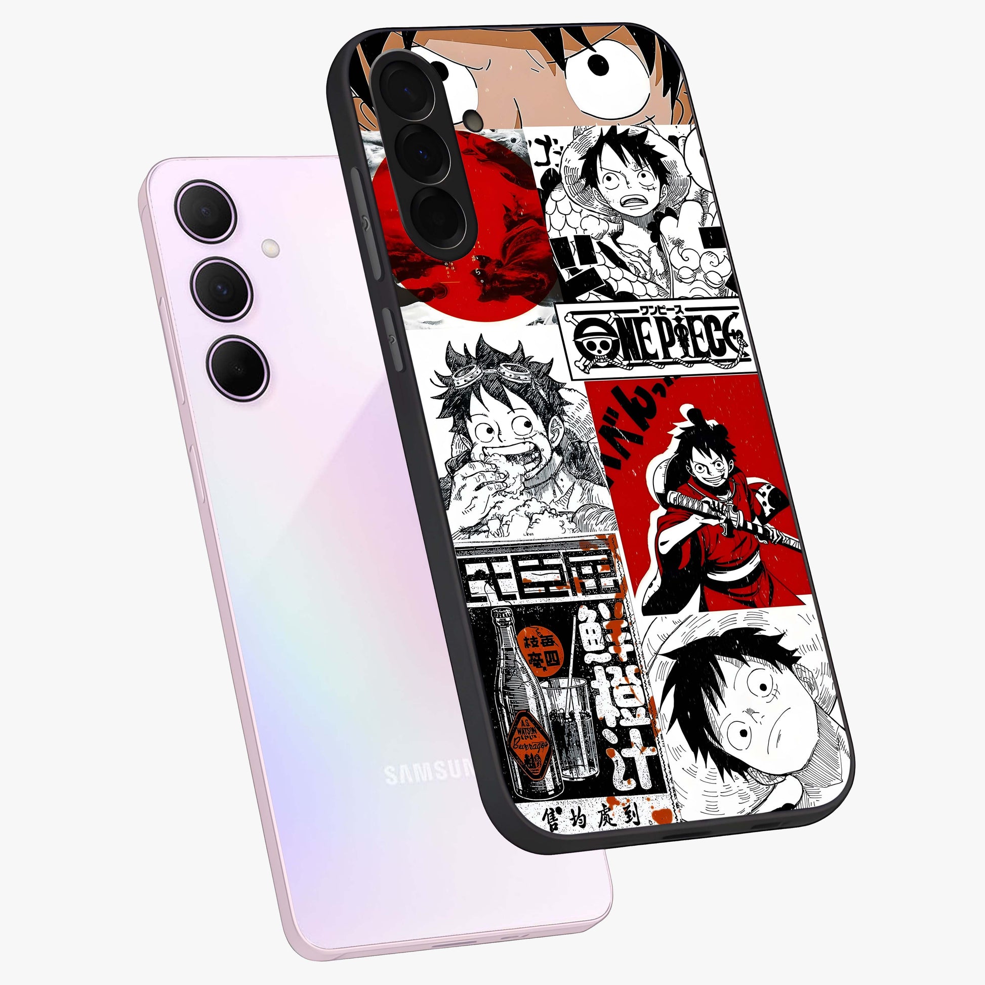 Strawhat Chaos Panels Glass Case displayed in angled mockup highlighting vibrant anime collage design with action aesthetic.