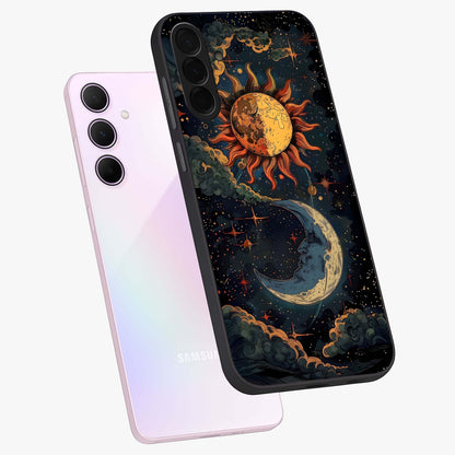 Sun And Moon Magic Design Glass Case displayed in angled mockup highlighting celestial design with magical cosmic aesthetic.