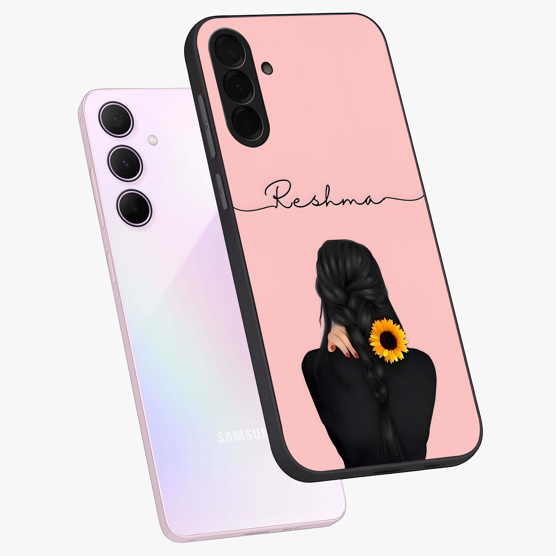 Sunflower Braid Beauty With Custom Name Glass Case displayed in angled mockup highlighting elegant sunflower design with custom name feature.