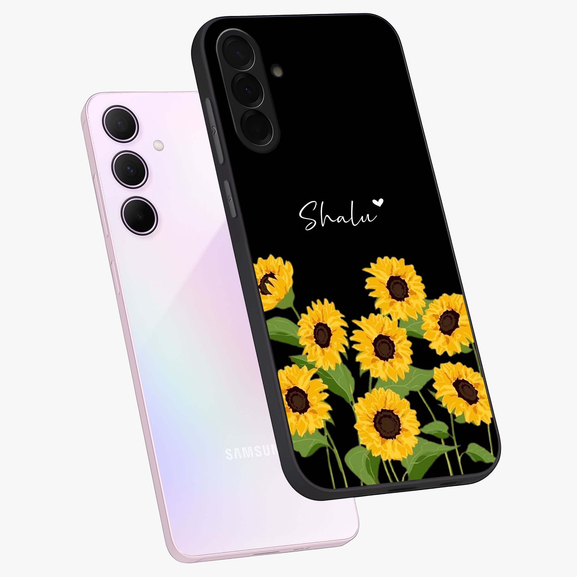Sunflower Chic Mood Custom Name Glass Case displayed in angled mockup highlighting vibrant sunflower design with custom name feature.
