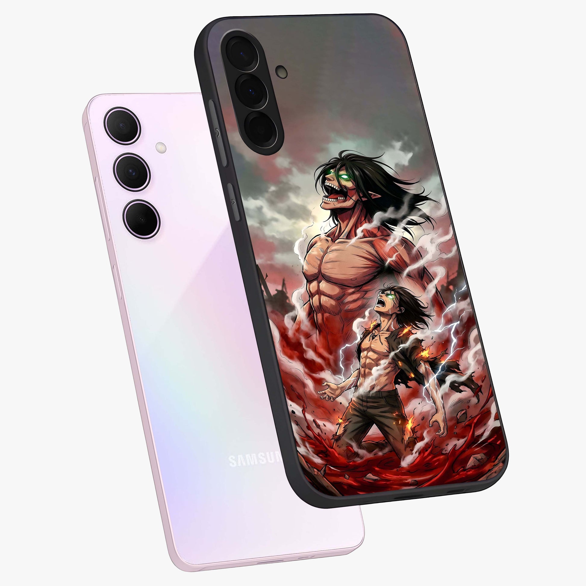 Titan Awakening Fury Glass Case displayed in angled mockup highlighting dramatic giant warrior design with bold anime aesthetic.