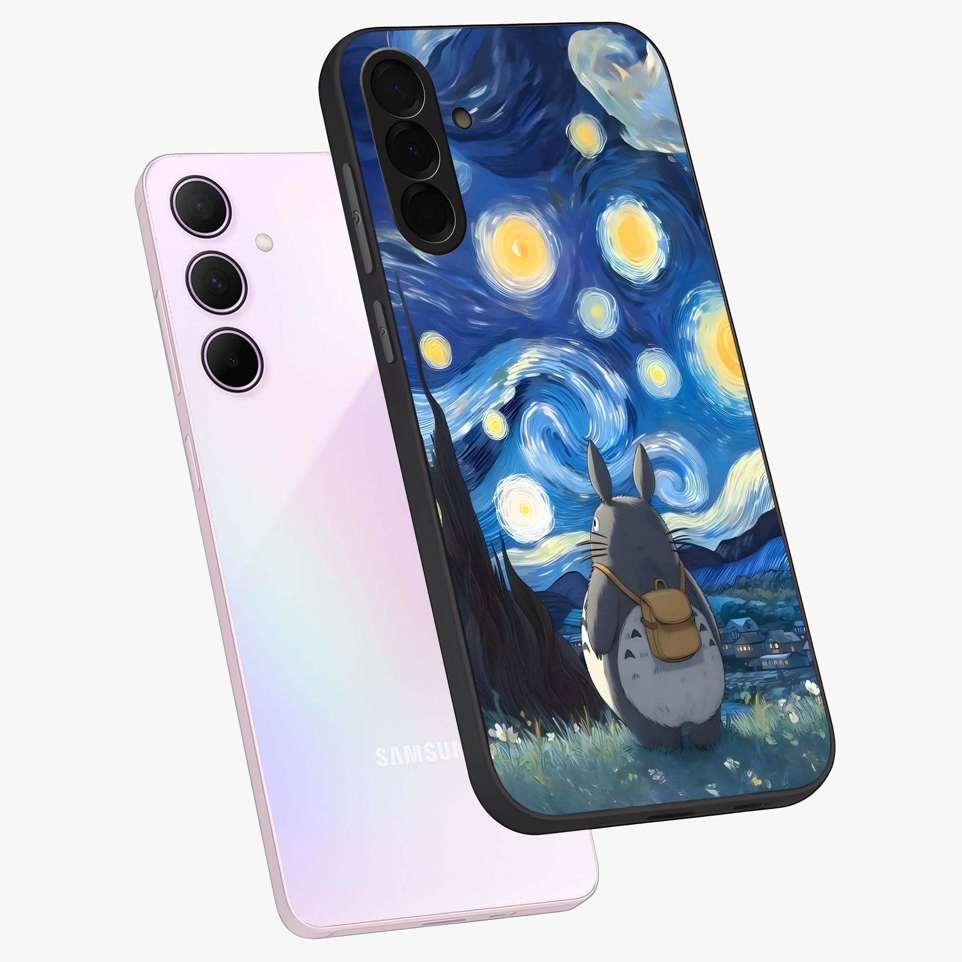 Totoro In Van Gogh Art Glass Case displayed in angled mockup highlighting artistic swirling sky design with playful animation aesthetic.