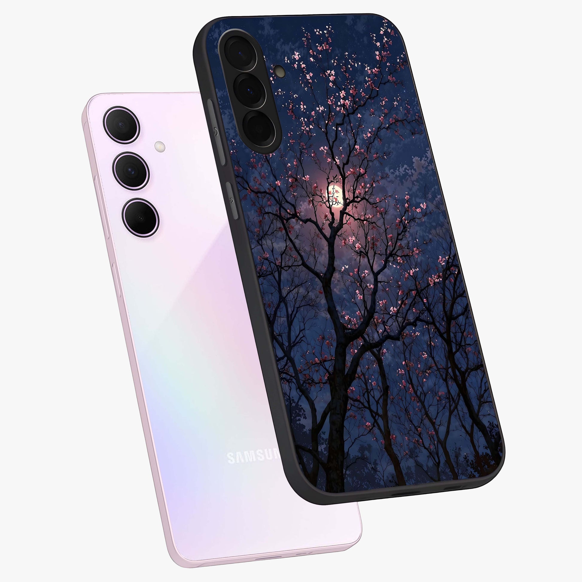 Twilight Sakura Serenade Glass Case displayed in angled mockup highlighting delicate sakura flower design with dreamy aesthetic.