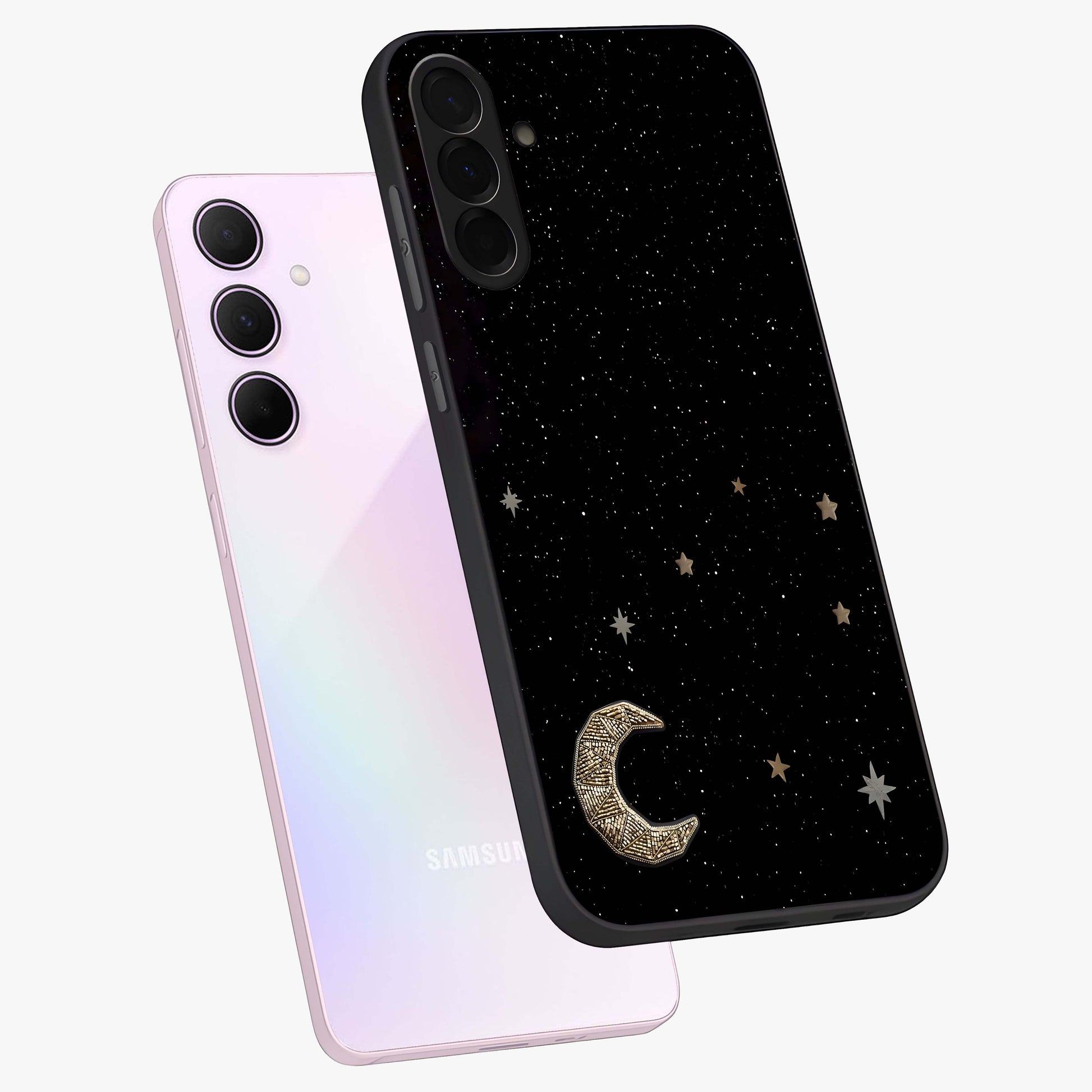 Twinkle Star With Half Moon Glass Case displayed in angled mockup highlighting celestial moon and star design with magical aesthetic.