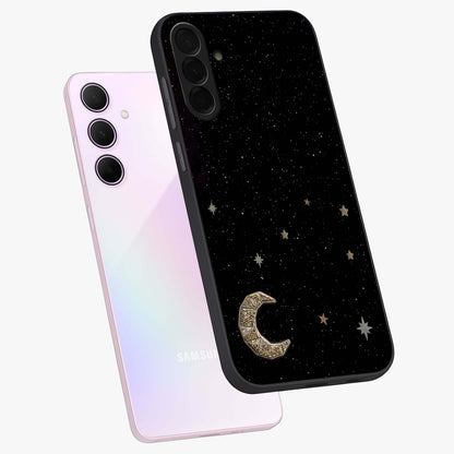 Twinkle Star With Half Moon Glass Case displayed in angled mockup highlighting celestial moon and star design with magical aesthetic.