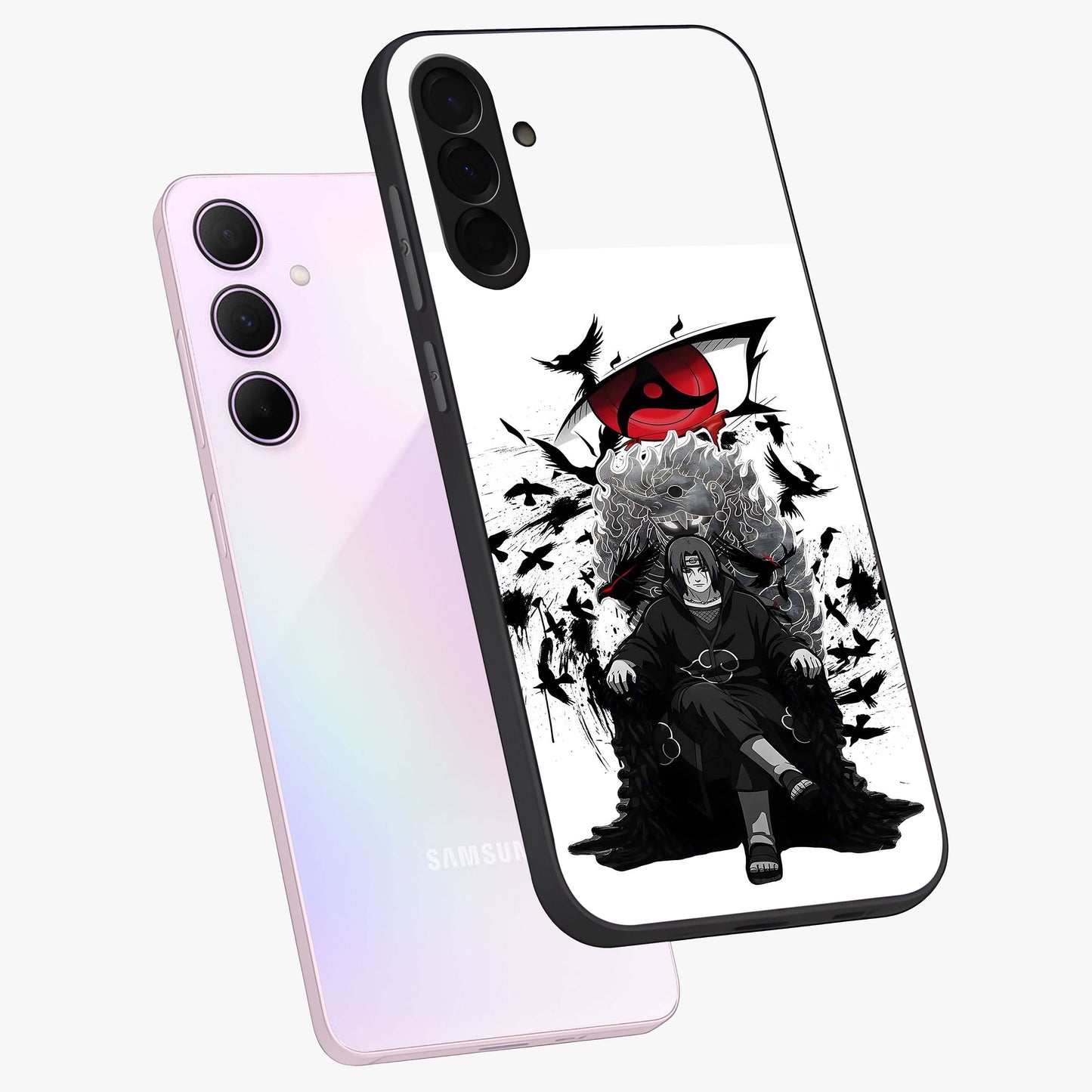 Uchiha Shadow Throne Glass Case displayed in angled mockup highlighting glowing aquatic design with celestial aesthetic.
