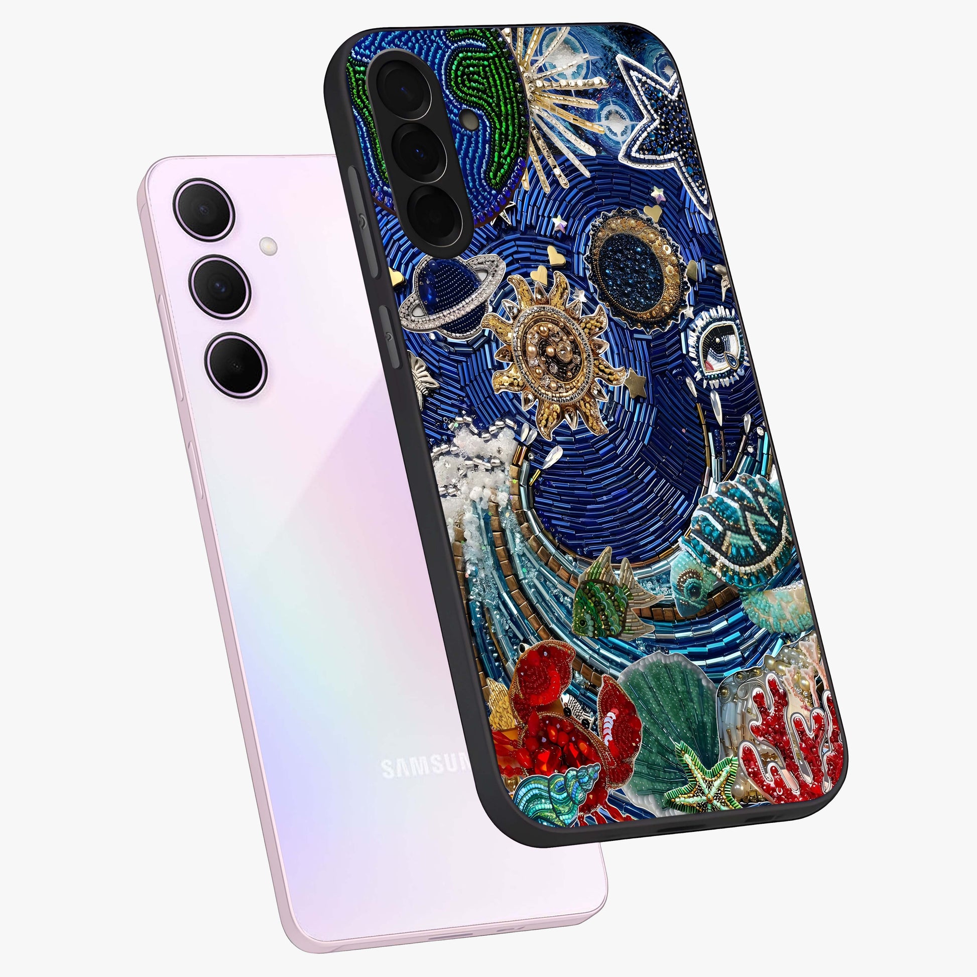 Universe Underwater Spark Glass Case displayed in angled mockup highlighting glowing aquatic design with celestial aesthetic.