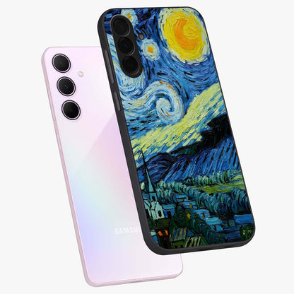 Van Gogh Art Glass Case displayed in angled mockup highlighting swirling brushstroke design with artistic aesthetic.