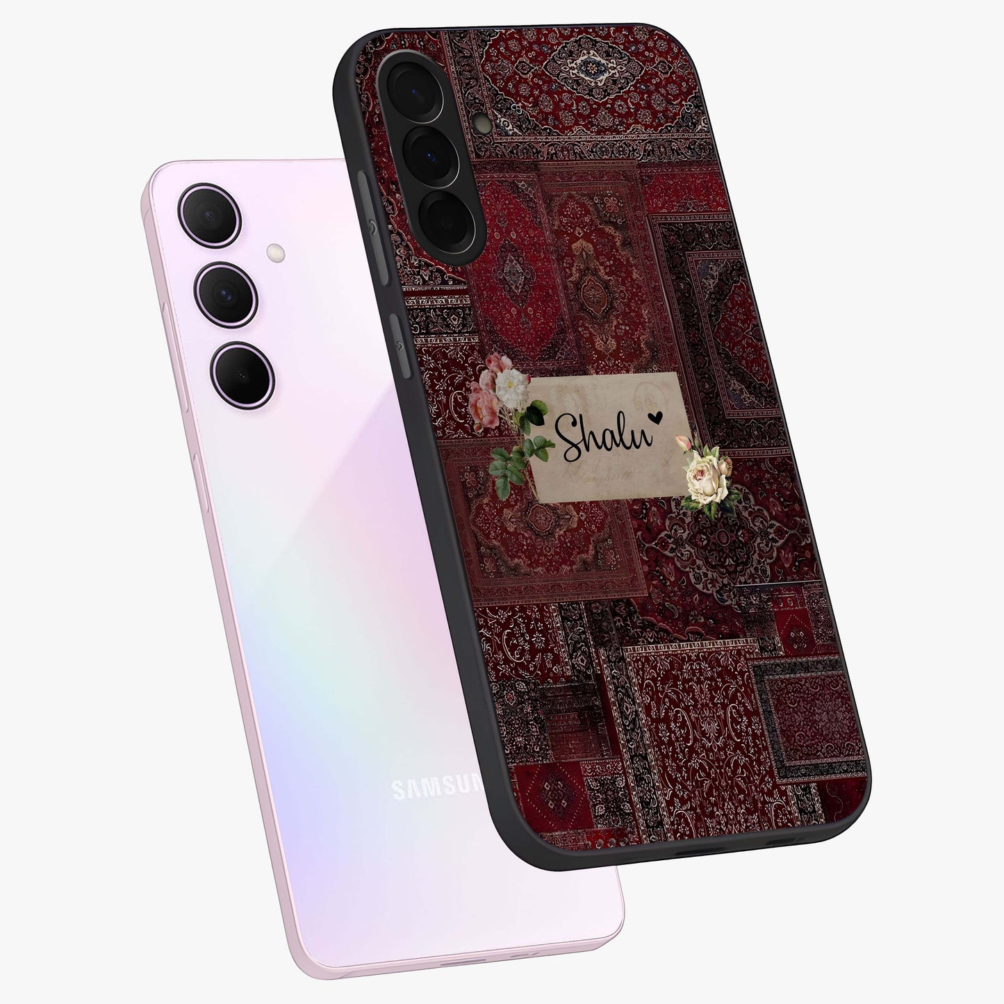 Velvet Wine Pattern Custom Name Glass Case displayed in angled mockup highlighting decorative velvet inspired design with custom name feature.