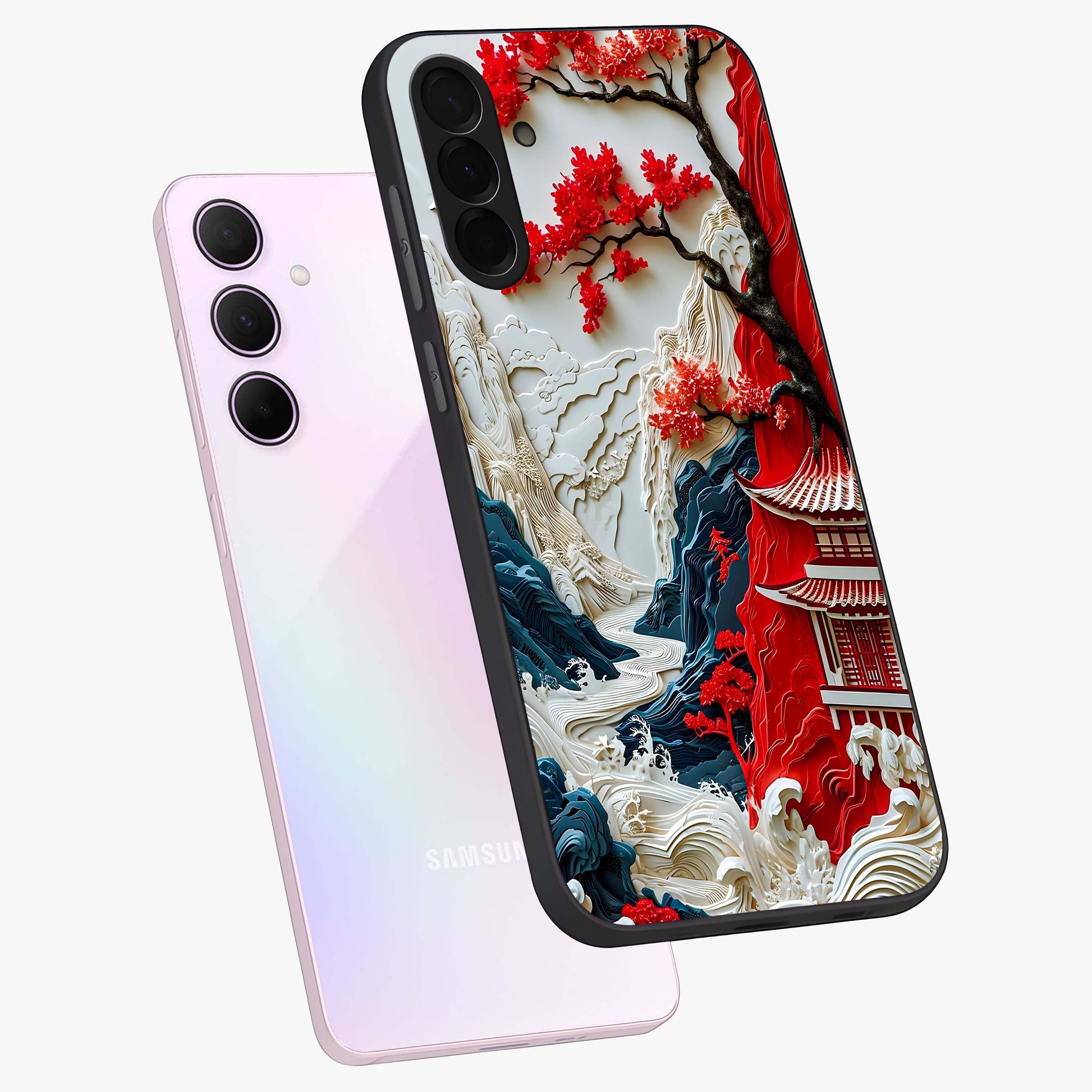 Whispers Of Sakura Waves Glass Case displayed in angled mockup highlighting flowing sakura design with soft floral aesthetic.