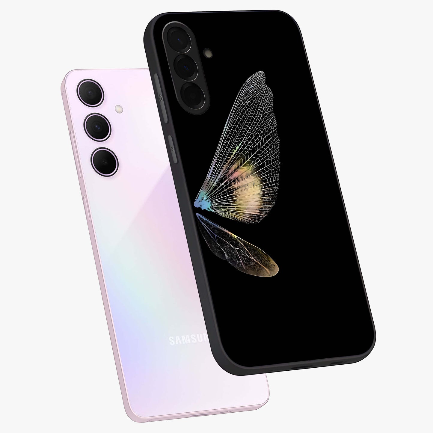 Whispers Of Wings Glass Case displayed in angled mockup highlighting soft feather design with celestial aesthetic style.