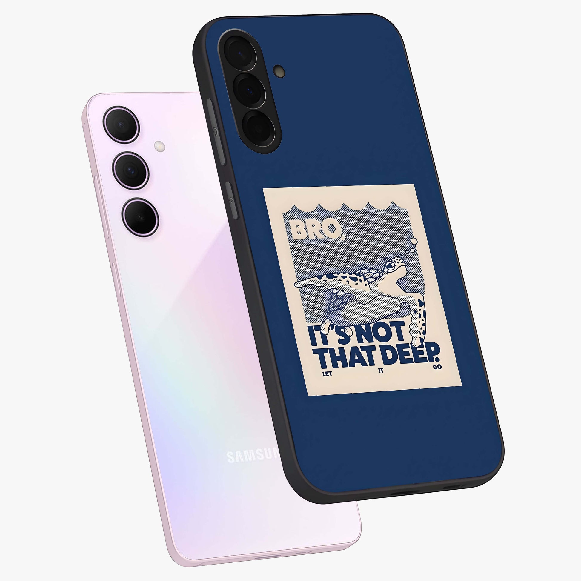 Worry Less Swim Glass Case displayed in angled mockup highlighting fun typography design with relaxed aesthetic style.