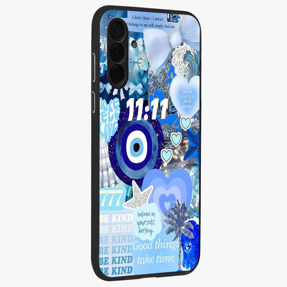 Aesthetic Be Kind Eye Glass Case upright view showcasing stylish eye illustration with positive message theme.