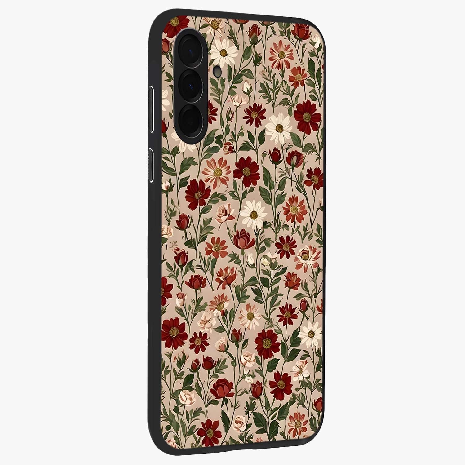 Biege Flower With Leaf Glass Case upright view showcasing delicate beige flower illustration with clean botanical style.