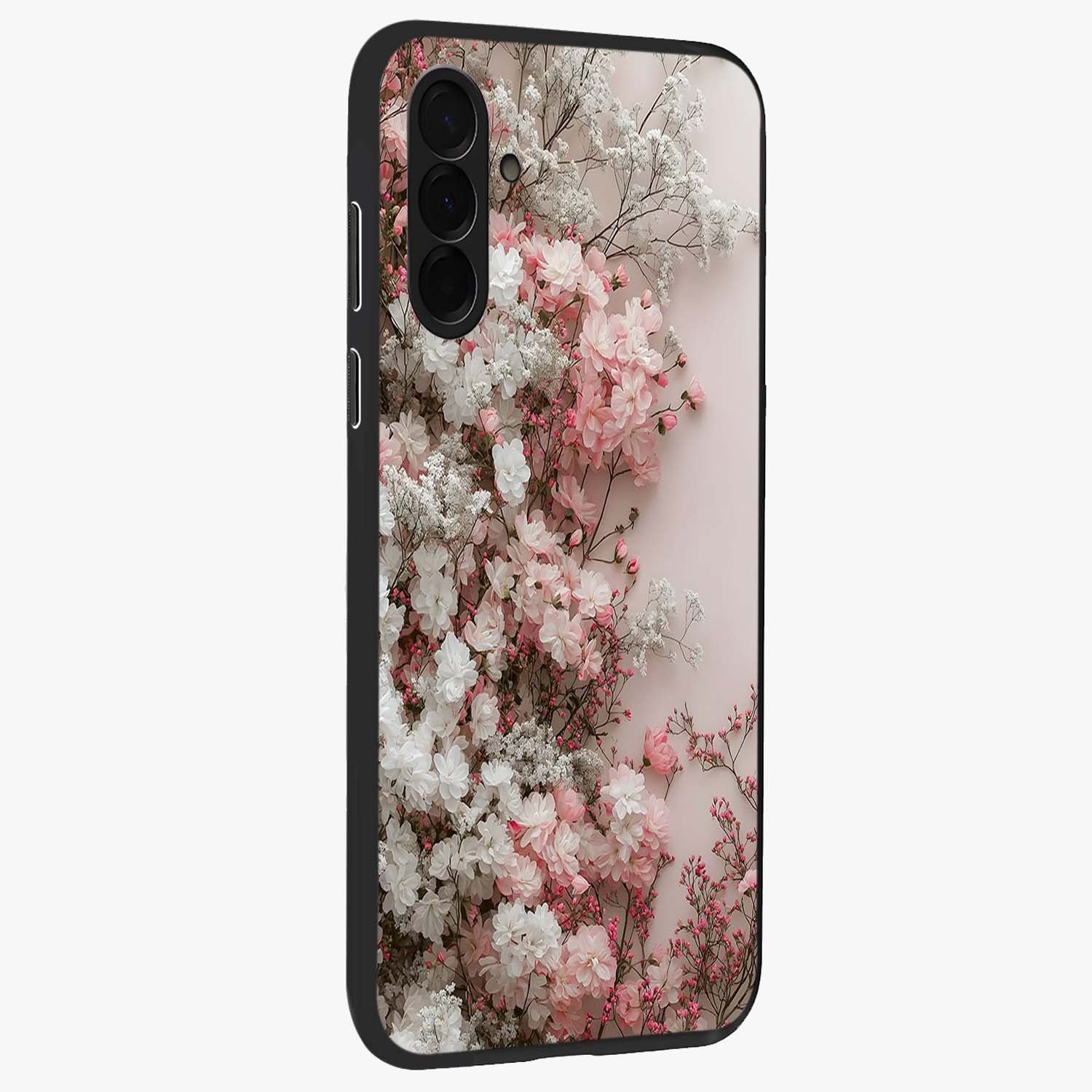 Blush Blossom Cloud Glass Case upright view showcasing calm floral cloud artwork with gentle dreamy theme.